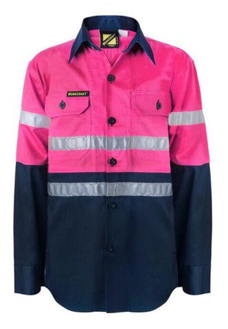 Kids Lightweight Two Tone Long Sleeve Cotton Drill Shirt with CSR Reflective Tape (5198739210285)